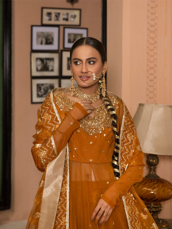 Pakistani Burnt Orange Embroidered Net Pishwas Dress (3-Piece) - Image 2