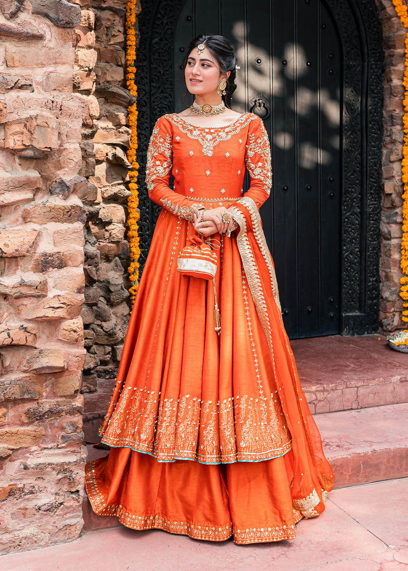 Pakistani Orange Gota & Sequin Korean Rawsilk Bridal Pishwas (3-Piece) - Image 1