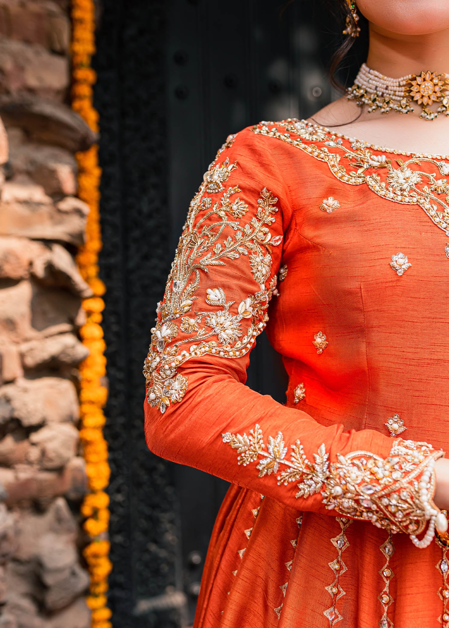 Pakistani Orange Gota & Sequin Korean Rawsilk Bridal Pishwas (3-Piece) - Image 4