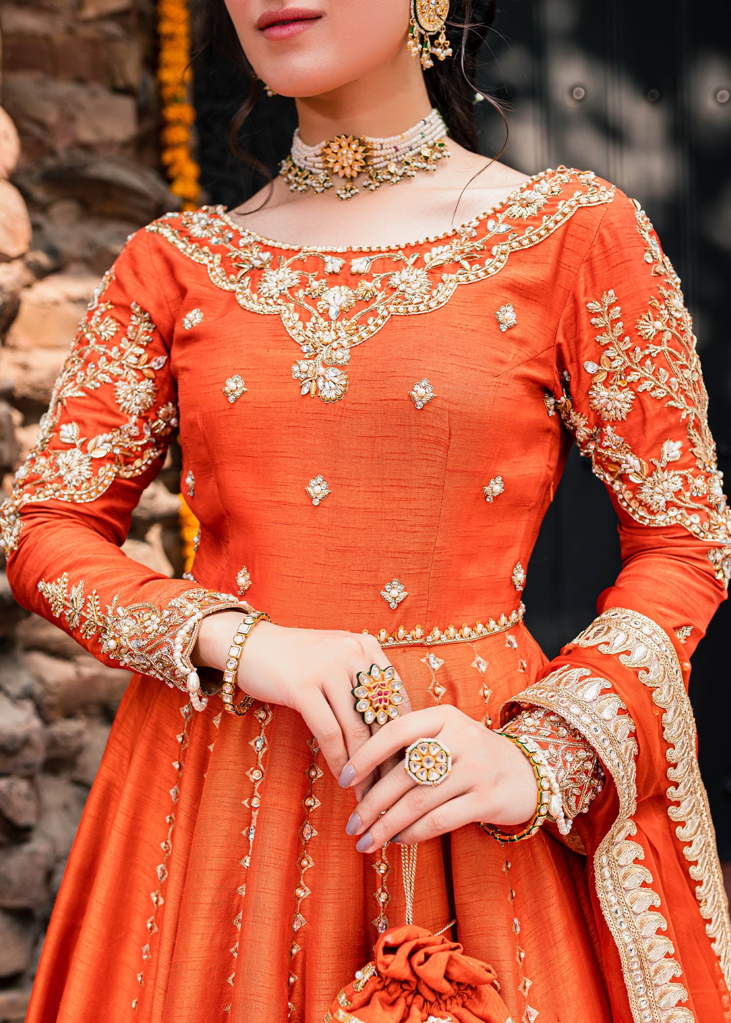 Pakistani Orange Gota & Sequin Korean Rawsilk Bridal Pishwas (3-Piece) - Image 5