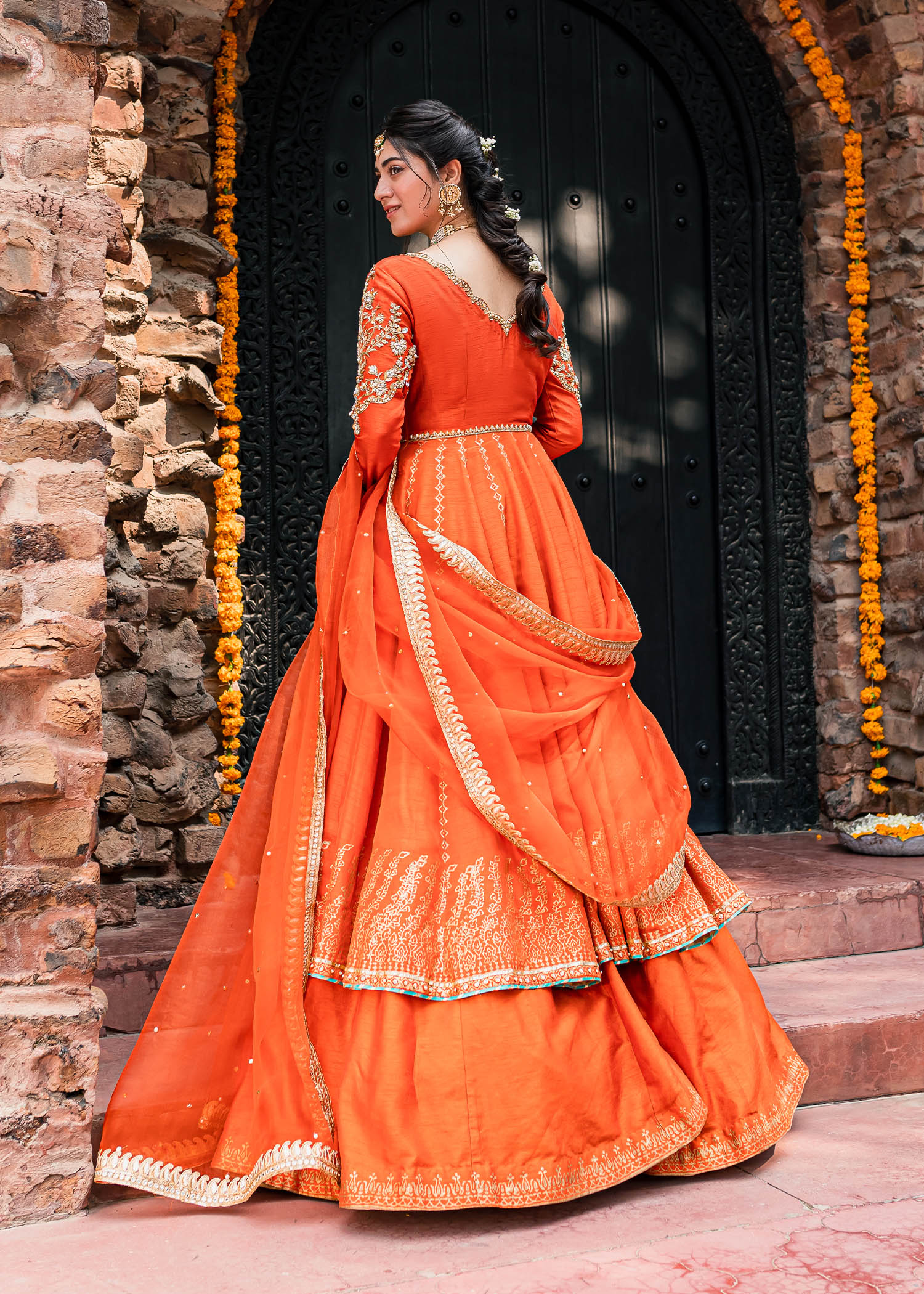 Pakistani Orange Gota & Sequin Korean Rawsilk Bridal Pishwas (3-Piece) - Image 6