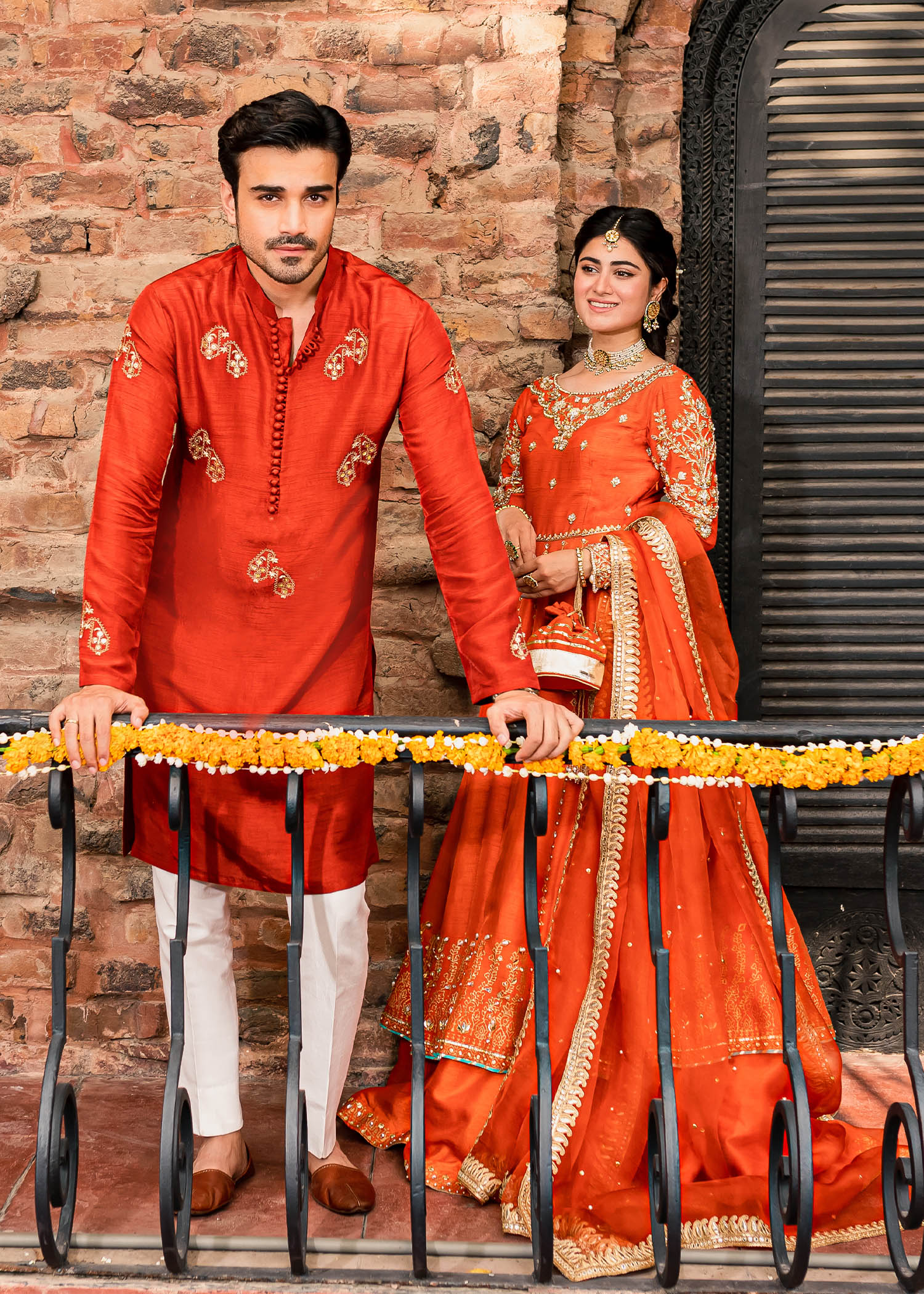 Pakistani Orange Gota & Sequin Korean Rawsilk Bridal Pishwas (3-Piece) - Image 7