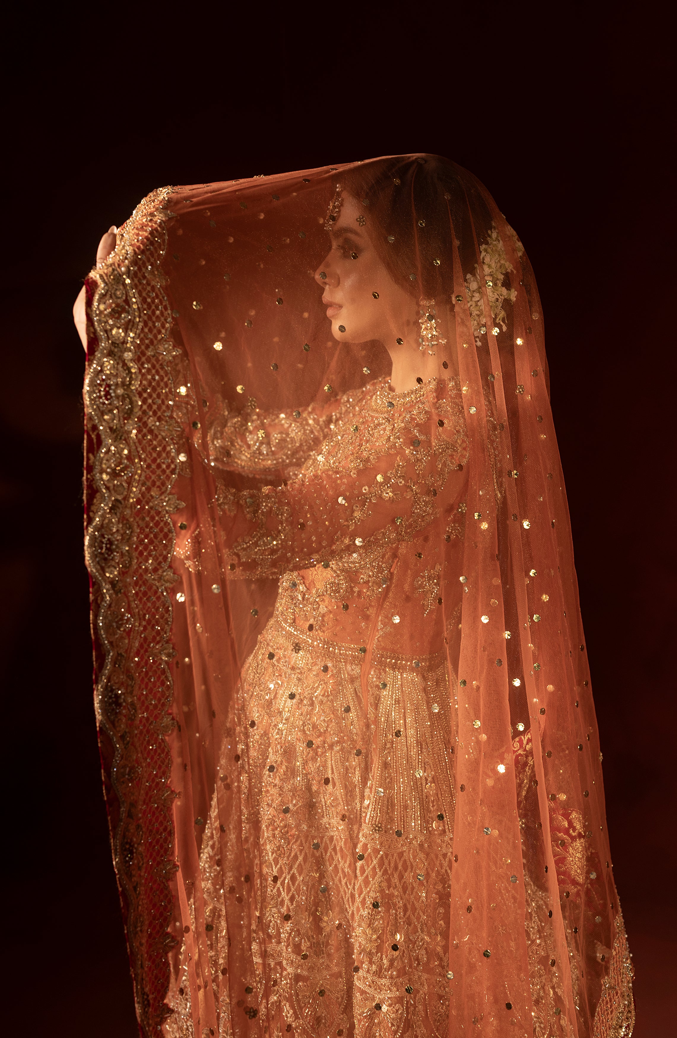 Rust Orange Embroidered Net Pishwas Dress (3-Piece) - Image 17