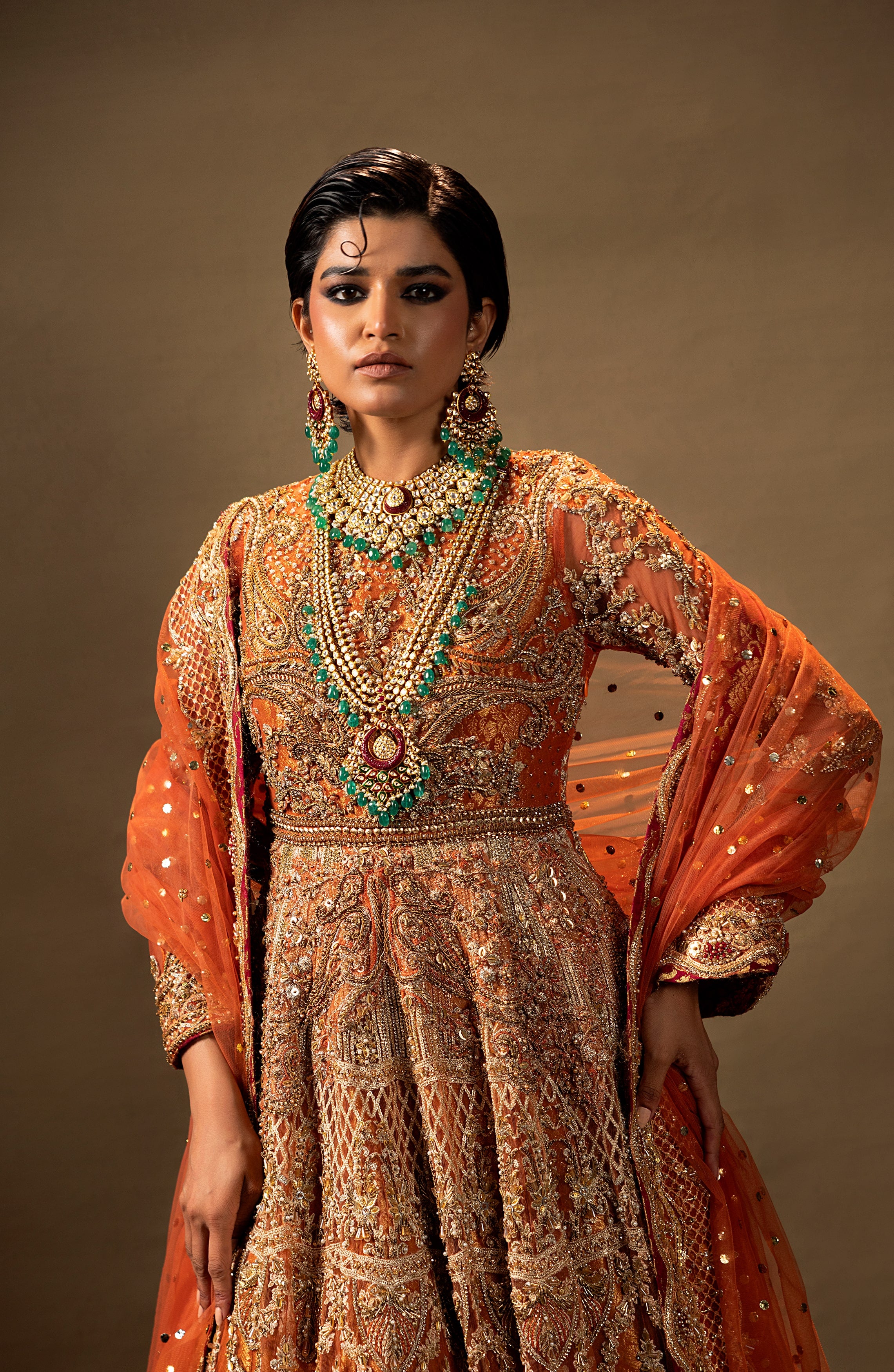 Pakistani Rust Orange Embroidered Net Pishwas Dress (3-Piece) - Image 1