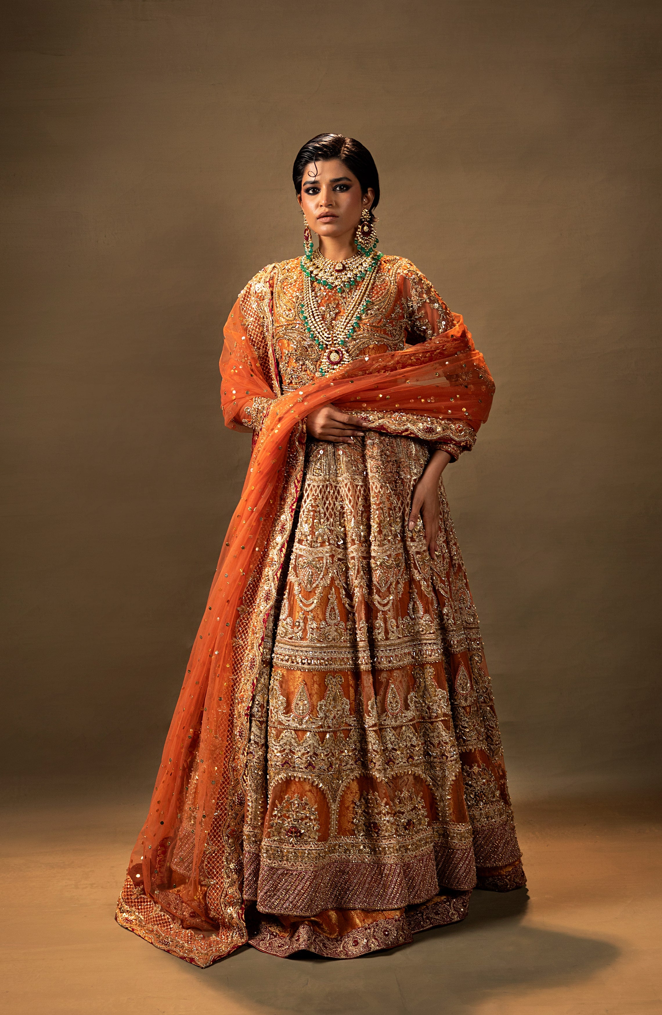 Pakistani Rust Orange Embroidered Net Pishwas Dress (3-Piece) - Image 2