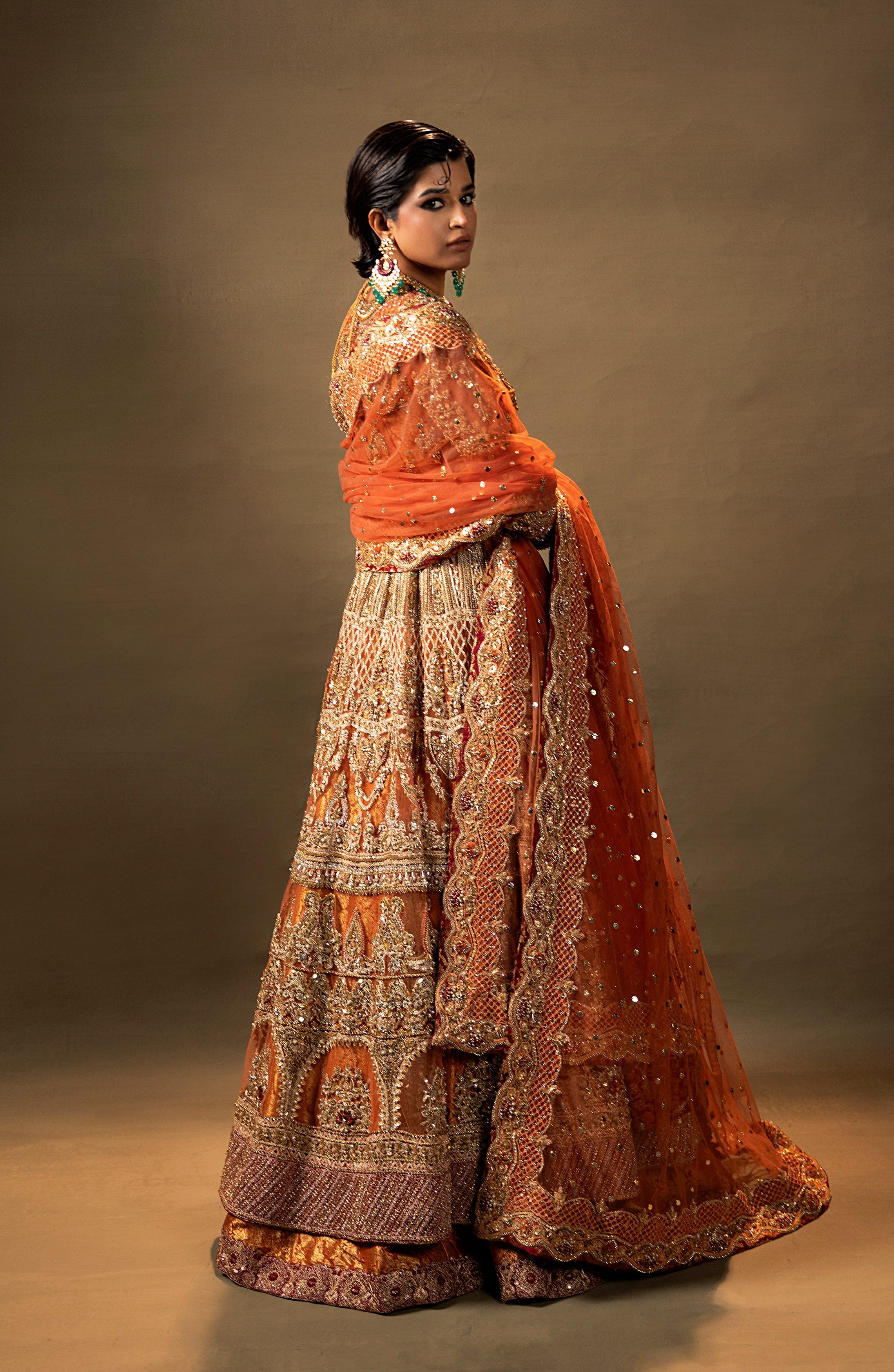 Pakistani Rust Orange Embroidered Net Pishwas Dress (3-Piece) - Image 3