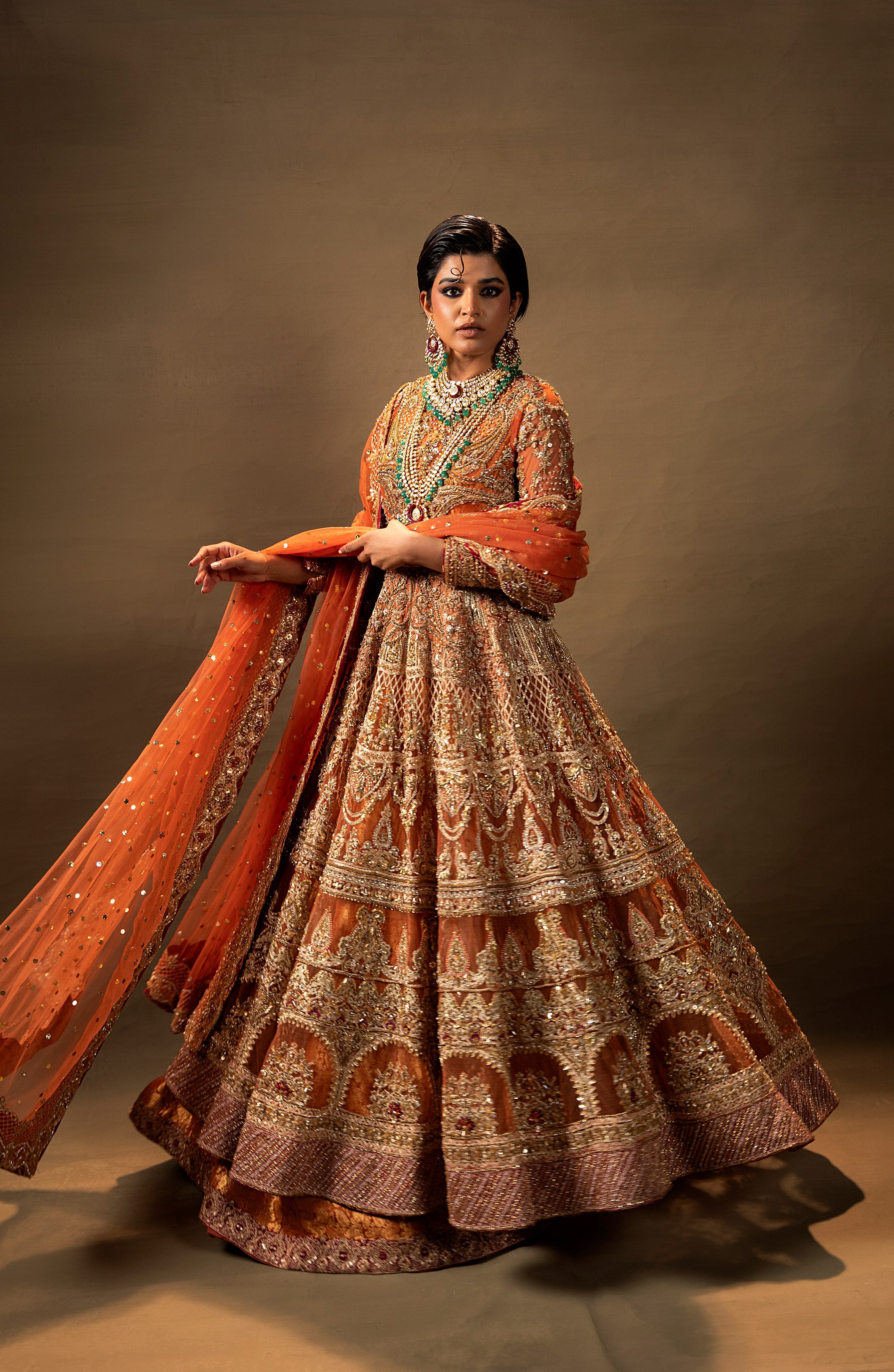 Pakistani Rust Orange Embroidered Net Pishwas Dress (3-Piece) - Image 4