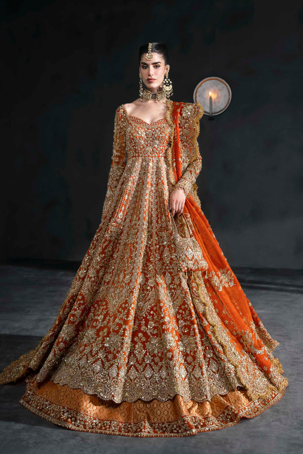 Orange Zardozi Net Pishwas Dress (2-Piece) - Image 1