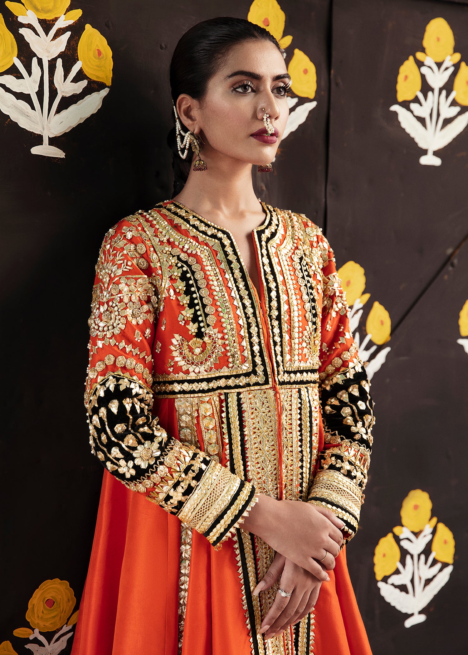 Tangerine Gota Embroidered Raw Silk Pishwas (2-Piece) - Image 2