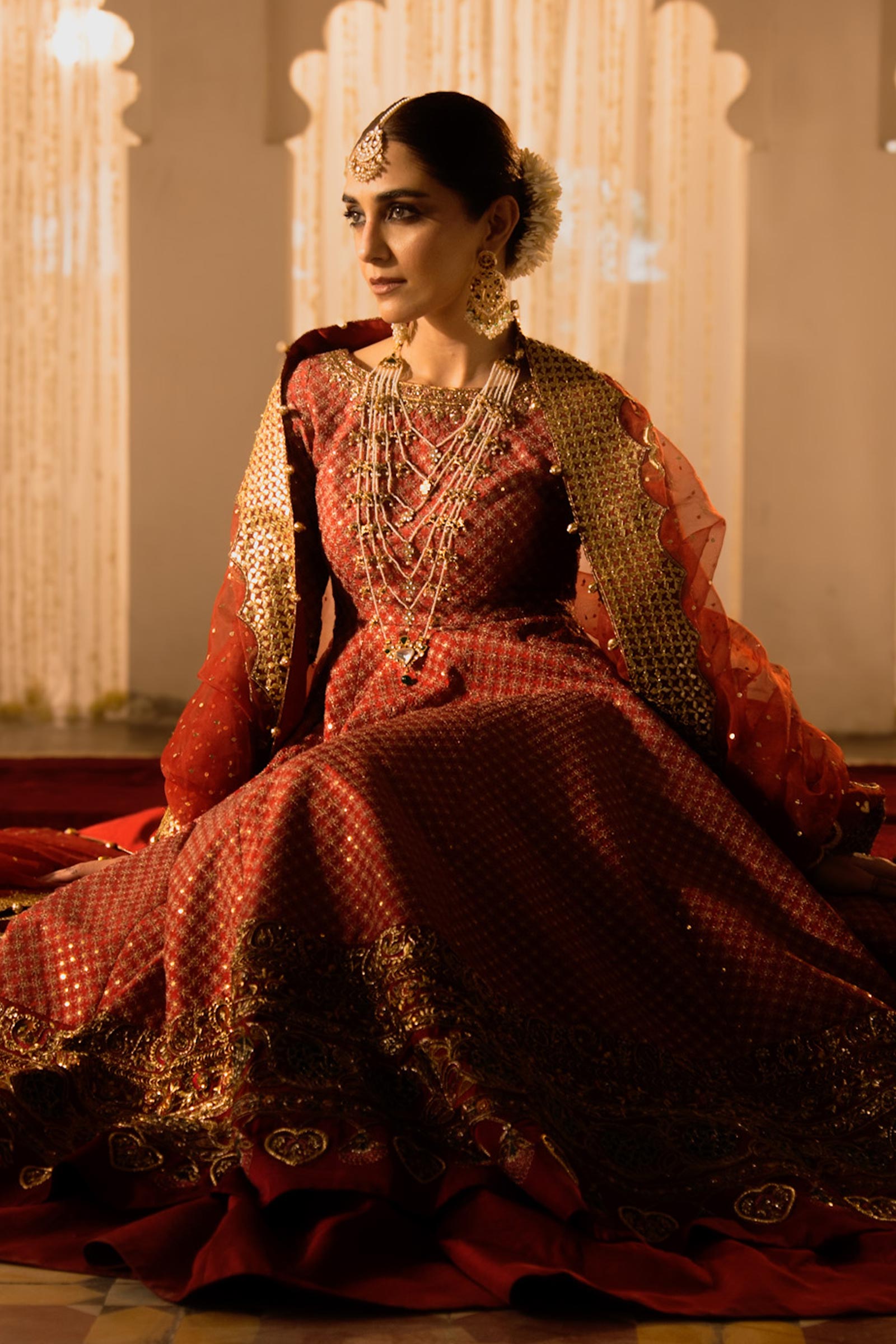 Pakistani Burnt Orange Zardozi Raw Silk Pishwas (3-Piece) - Image 2