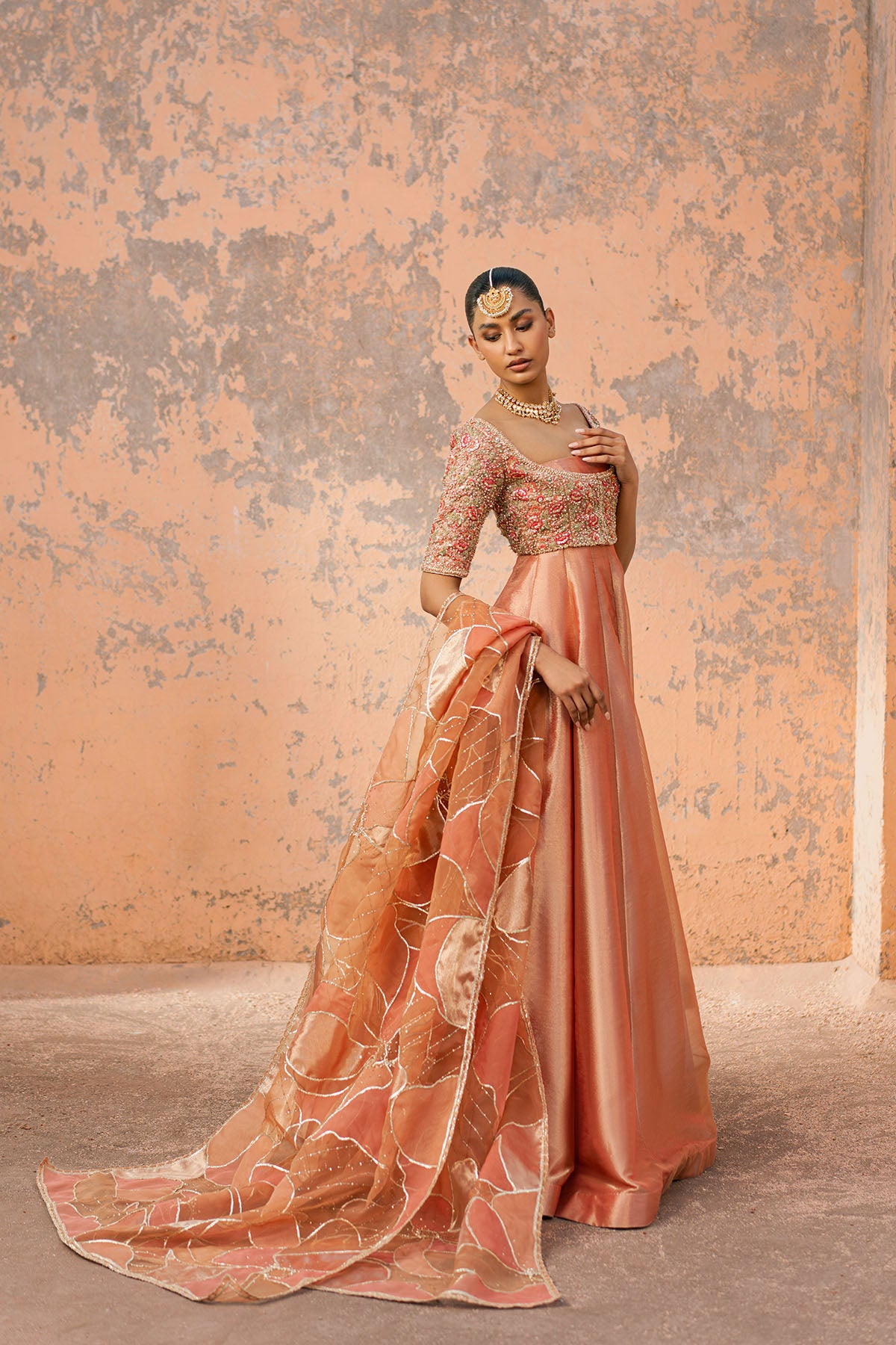 Pakistani Rust Embroidered Tissue Pishwas Dress (3-Piece) - Image 1