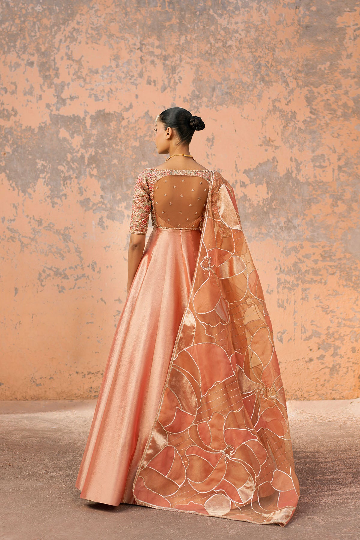 Pakistani Rust Embroidered Tissue Pishwas Dress (3-Piece) - Image 2