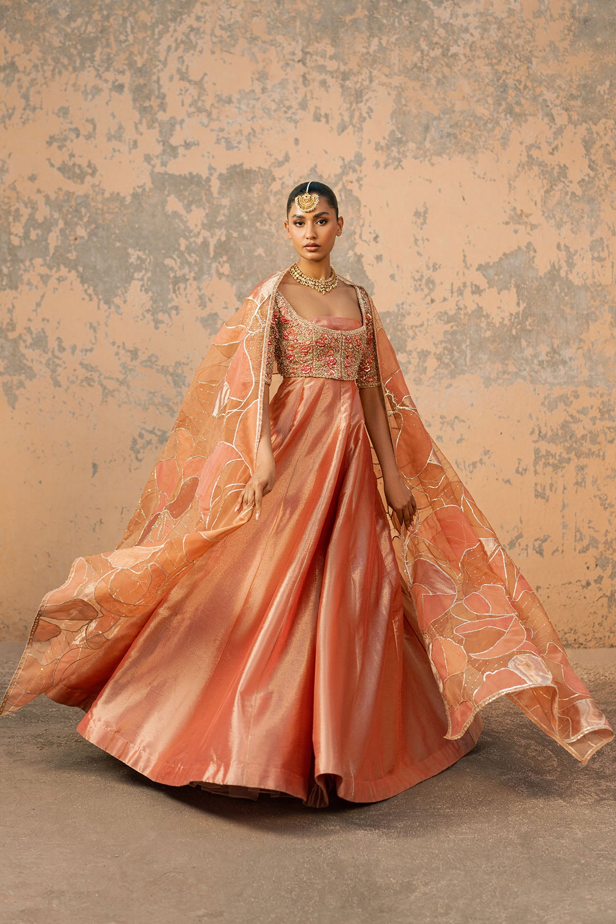 Pakistani Rust Embroidered Tissue Pishwas Dress (3-Piece) - Image 3