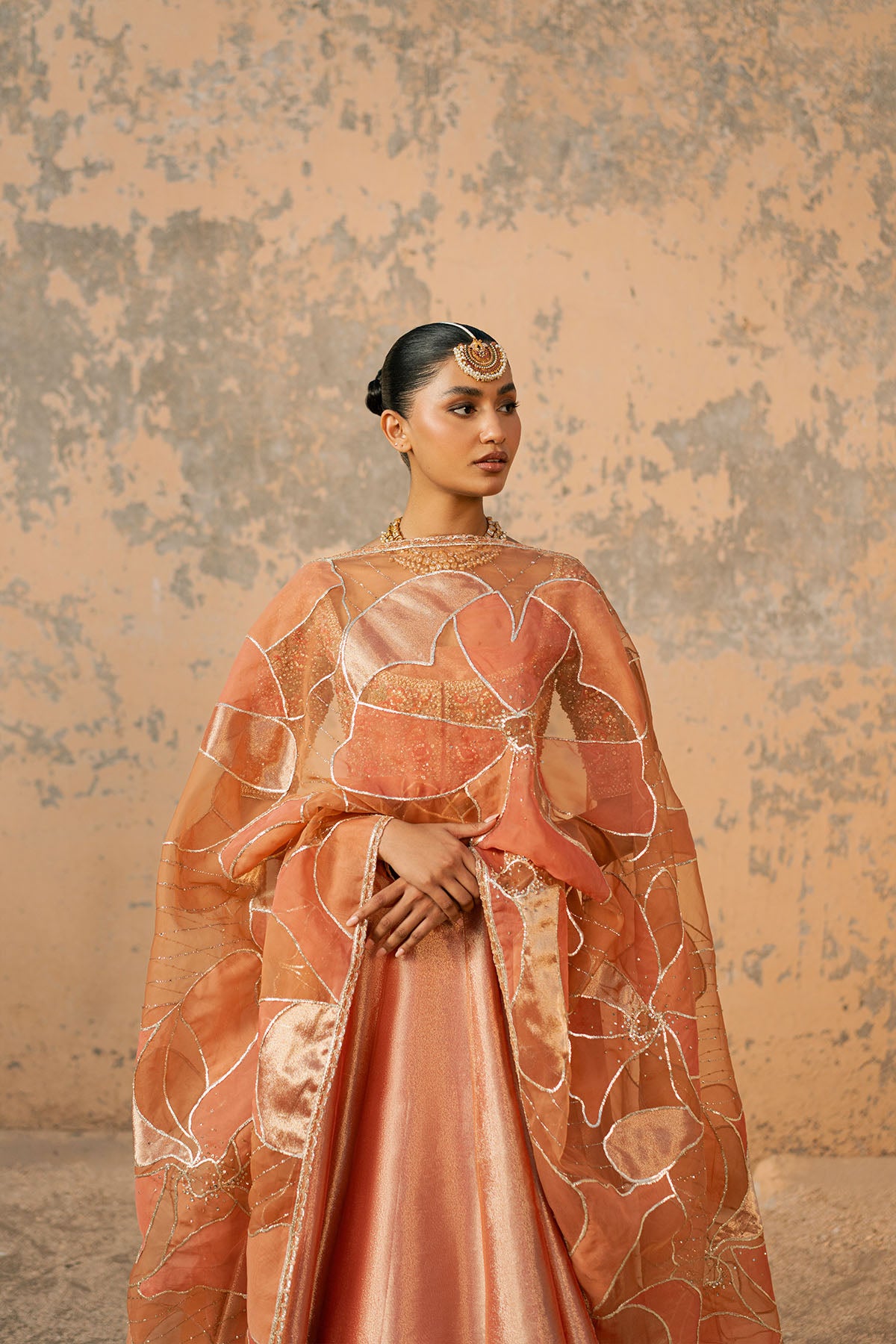 Pakistani Rust Embroidered Tissue Pishwas Dress (3-Piece) - Image 4