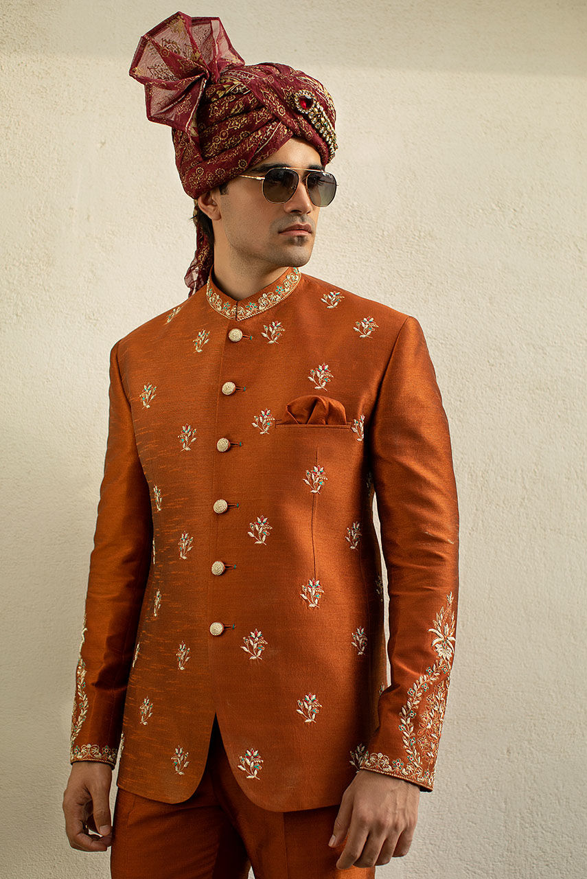 Burnt Orange Hand Embroidered Raw Silk Prince Coat (2-Piece) - Image 2