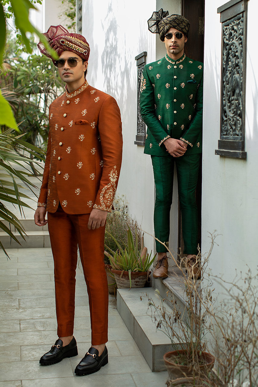Burnt Orange Hand Embroidered Raw Silk Prince Coat (2-Piece) - Image 3