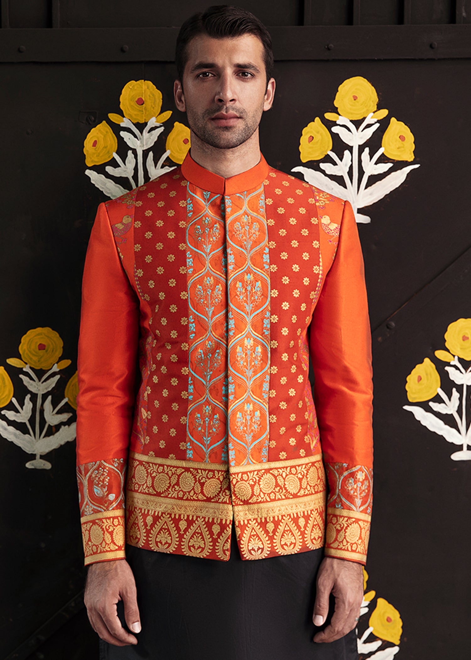 Tangerine Woven Raw Silk Prince Coat (3-Piece) - Image 1