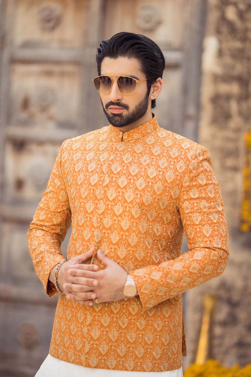 Orange Embroidered Raw Silk Prince Coat (3-Piece) - Image 1