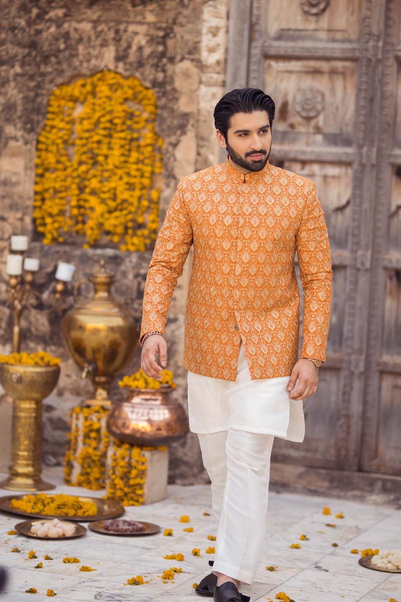 Orange Embroidered Raw Silk Prince Coat (3-Piece) - Image 3