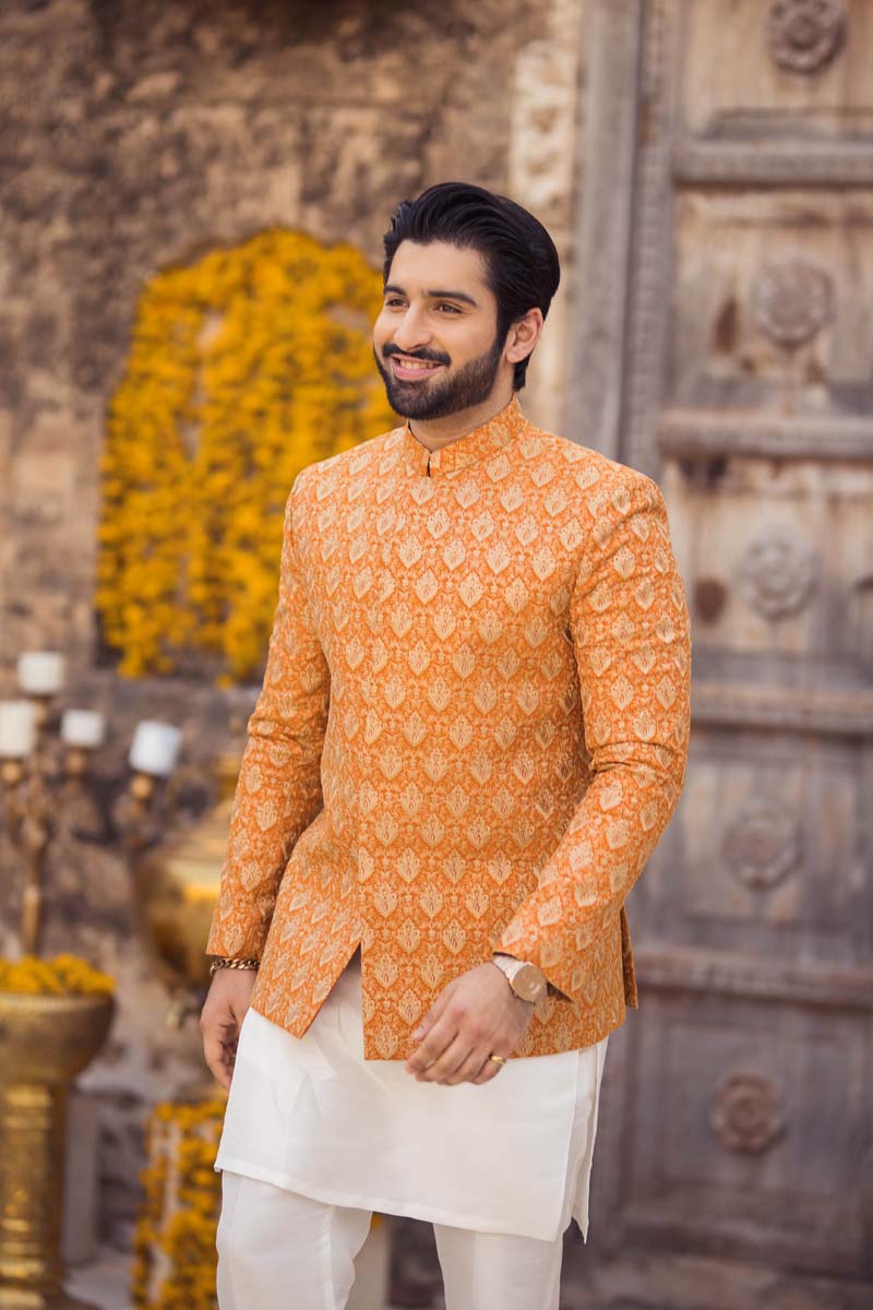 Orange Embroidered Raw Silk Prince Coat (3-Piece) - Image 4