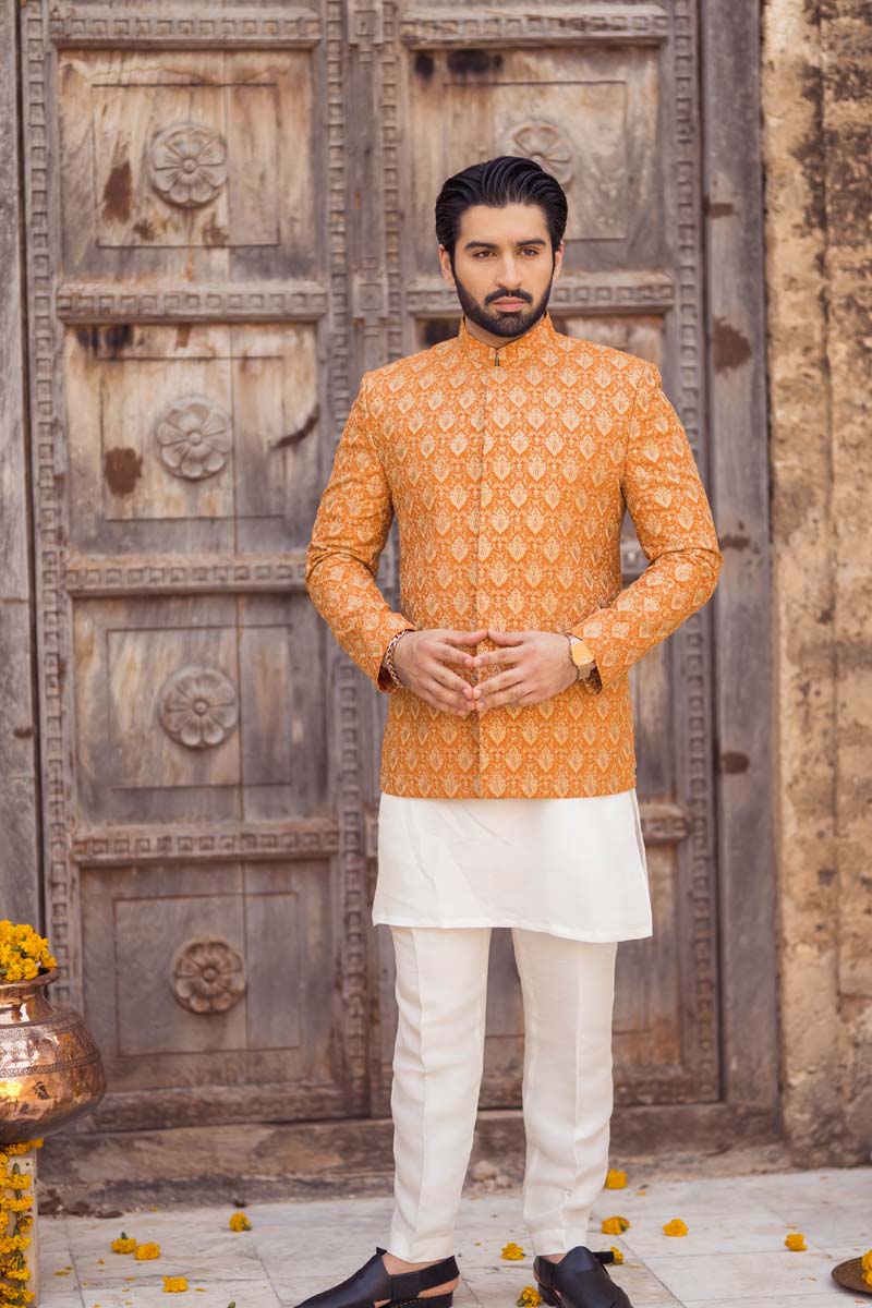 Orange Embroidered Raw Silk Prince Coat (3-Piece) - Image 5