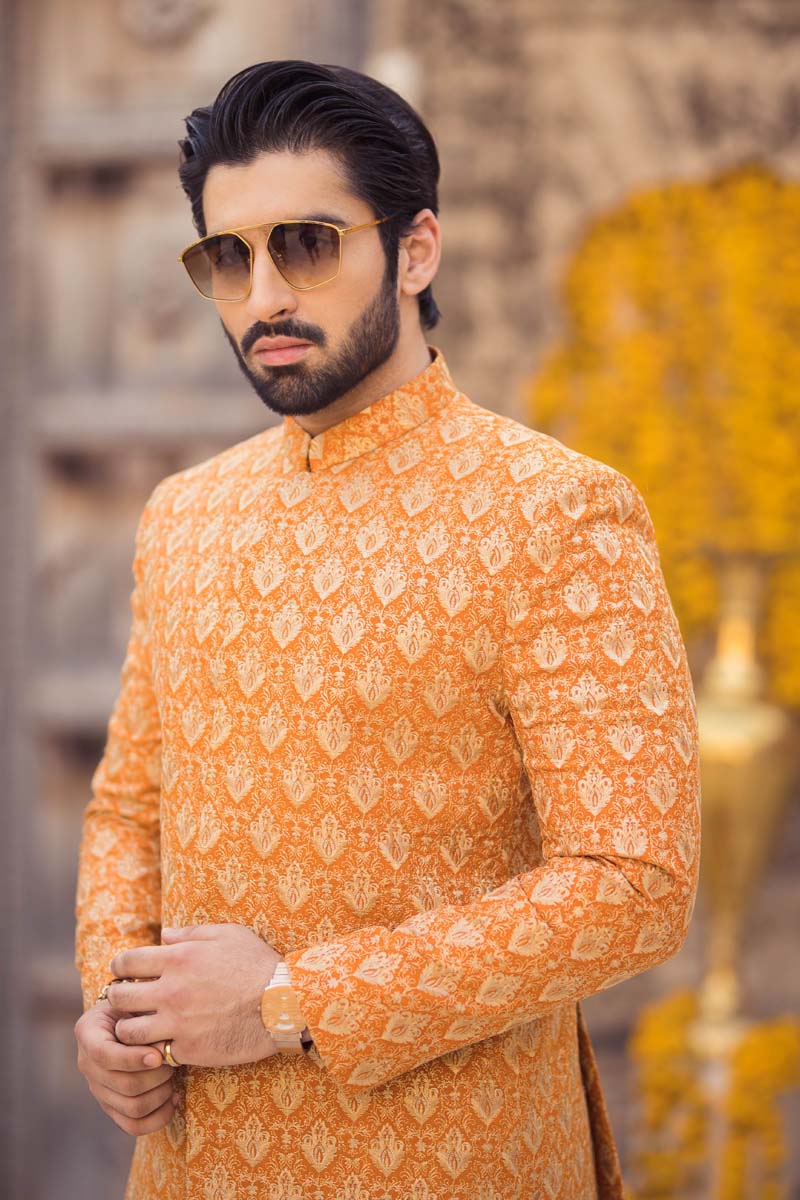 Orange Embroidered Raw Silk Prince Coat (3-Piece) - Image 7