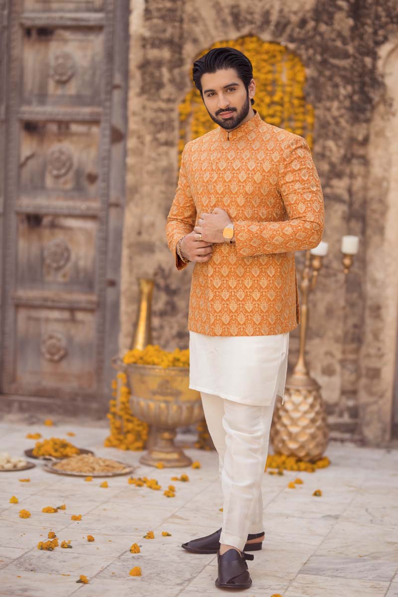 Orange Embroidered Raw Silk Prince Coat (3-Piece) - Image 8