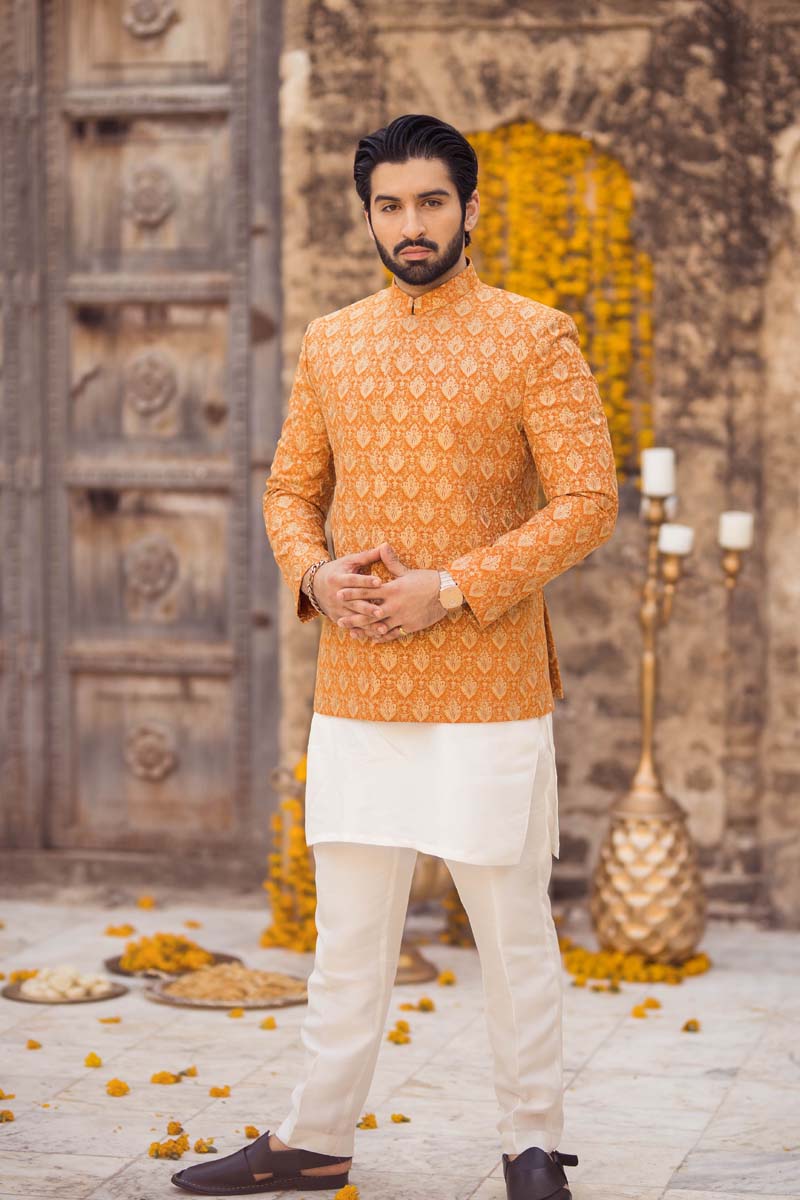 Orange Embroidered Raw Silk Prince Coat (3-Piece) - Image 9