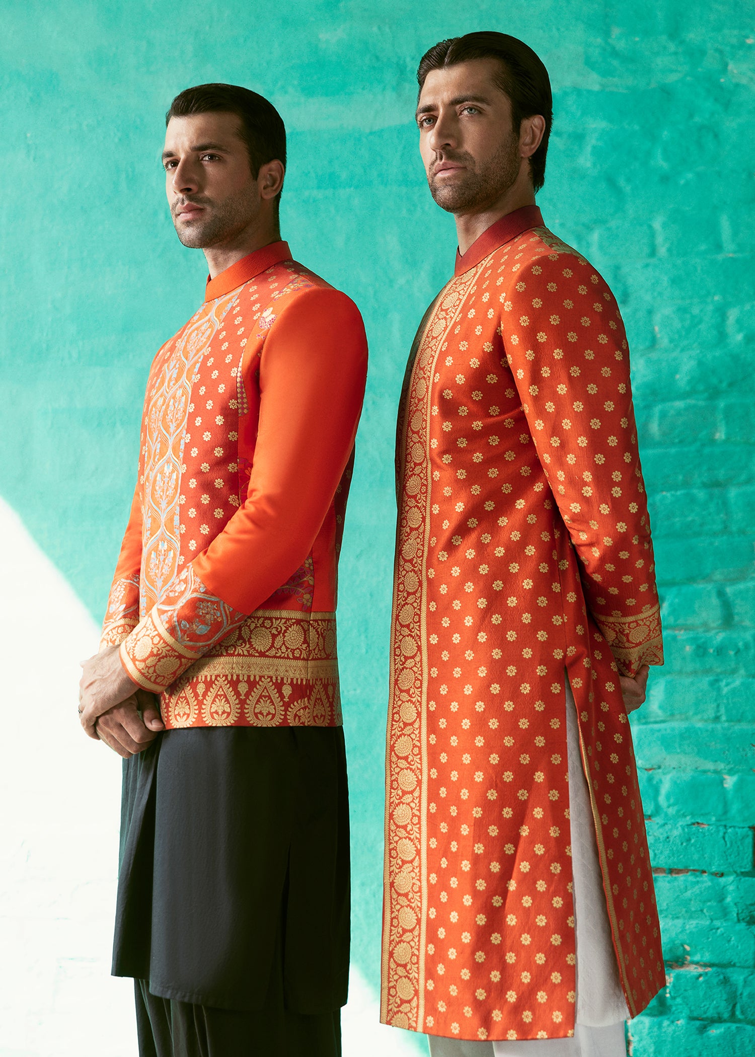 Tangerine Woven Gold Raw Silk Prince Coat (3-Piece) - Image 2