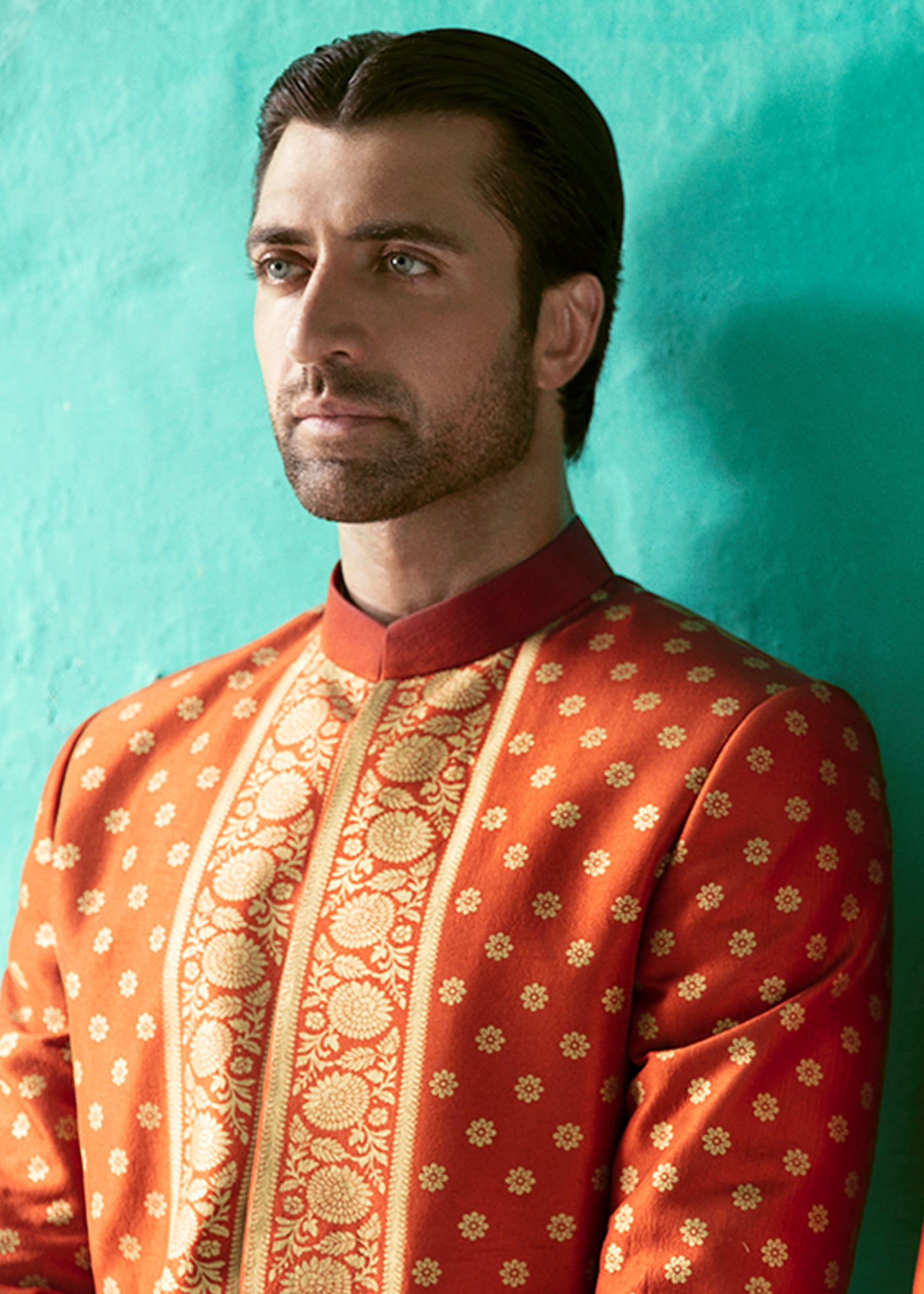 Tangerine Woven Gold Raw Silk Prince Coat (3-Piece) - Image 3