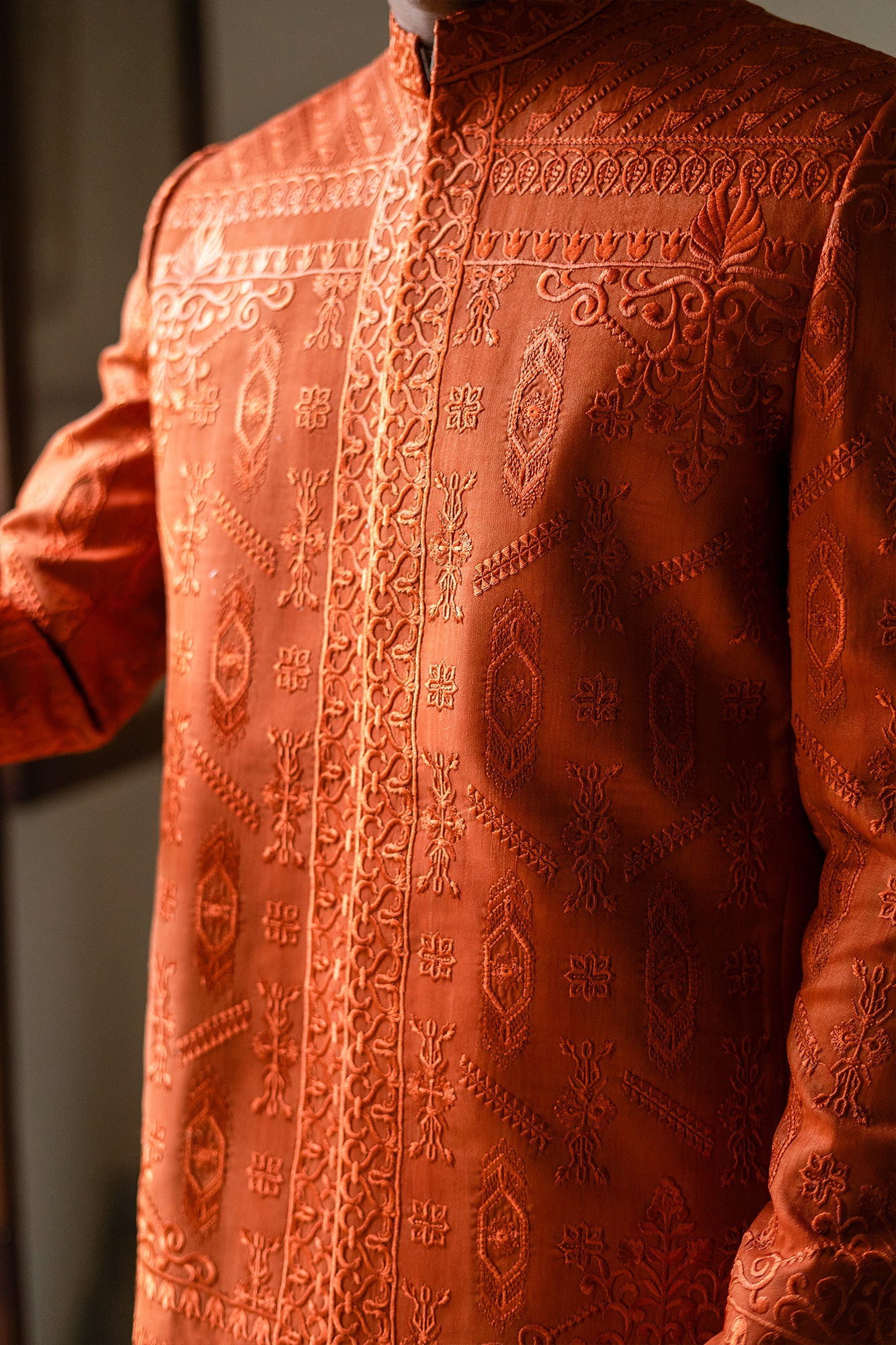 Crisp Orange Embroidered Silk-Blend Prince Coat (2-Piece) - Image 2