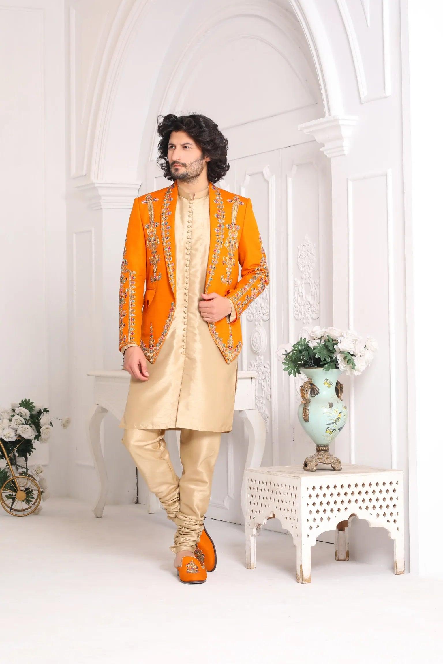 Orange Kora Dabka Silk Prince Coat (1-Pc) - Image 1