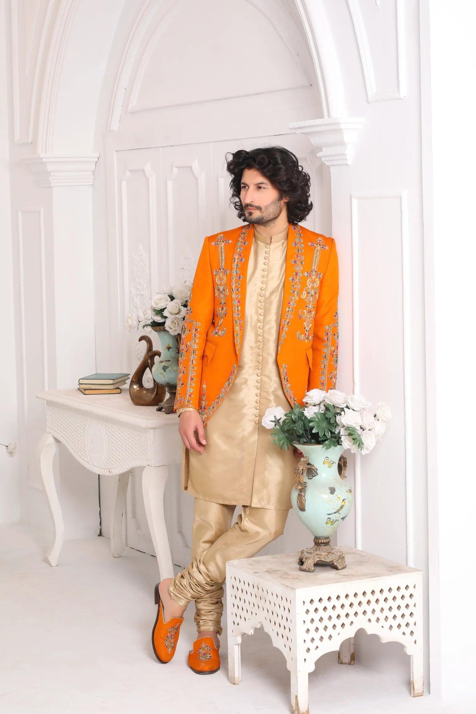 Orange Kora Dabka Silk Prince Coat (1-Pc) - Image 2
