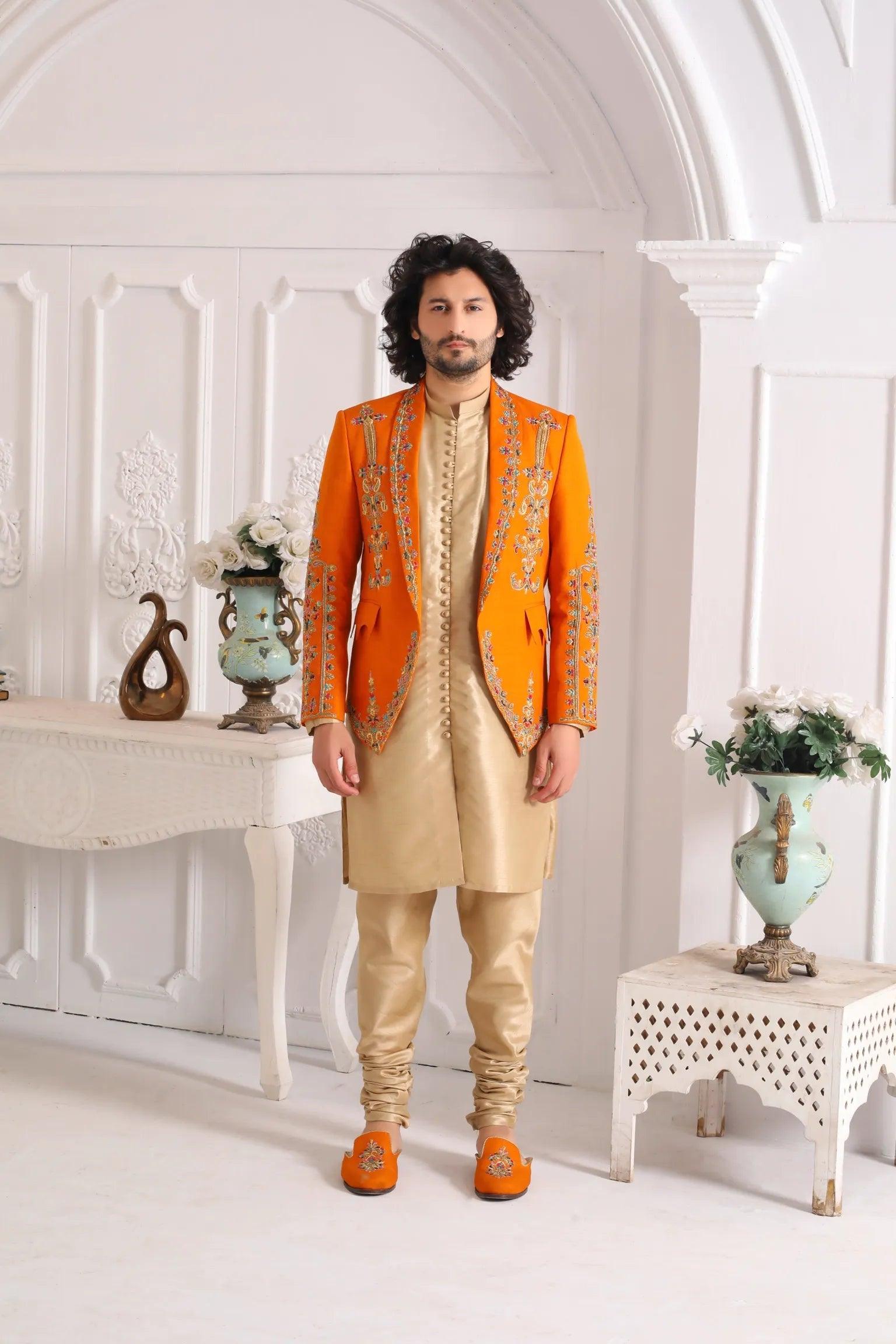 Orange Kora Dabka Silk Prince Coat (1-Pc) - Image 3