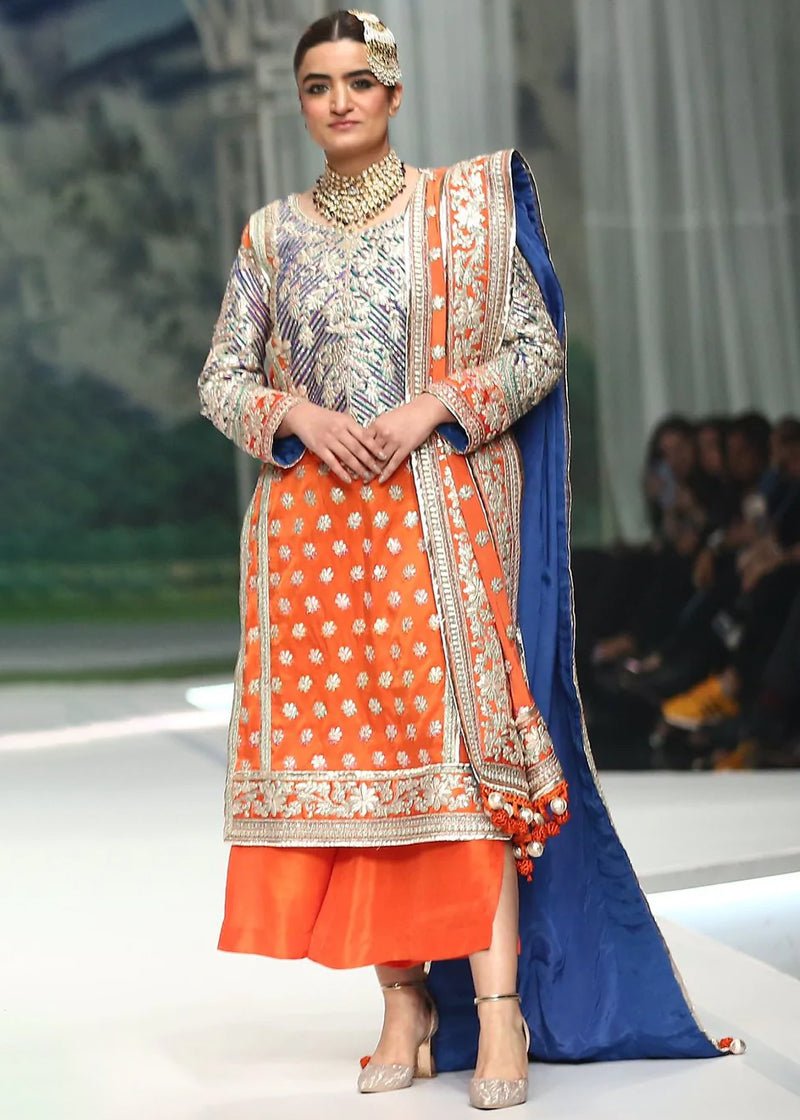 Pakistani Orange Embroidered Charmeuse Silk Salwar Kameez (3-Piece) - Image 1