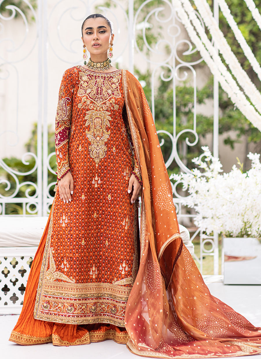 Burnt Orange Zardozi Charmeuse Salwar Kameez (3-Piece) - Image 1