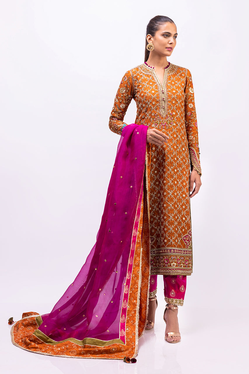 Orange Marori Cotton Net Kurta Set (3-Piece) - Image 4