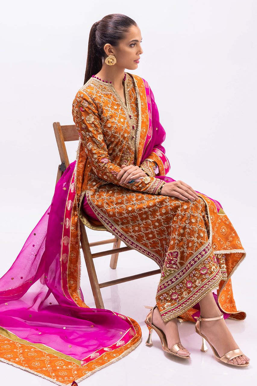 Orange Marori Cotton Net Kurta Set (3-Piece) - Image 5