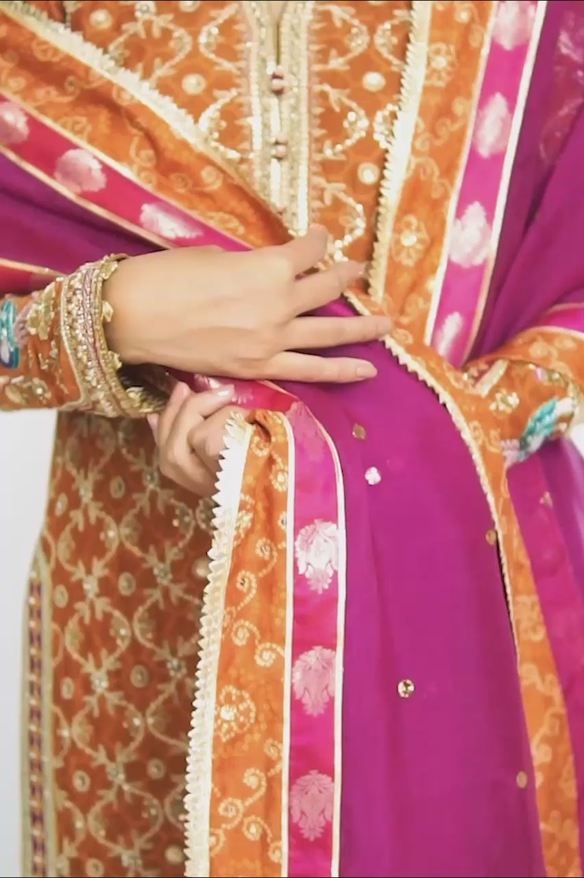 Orange Marori Cotton Net Kurta Set (3-Piece) - Image 6