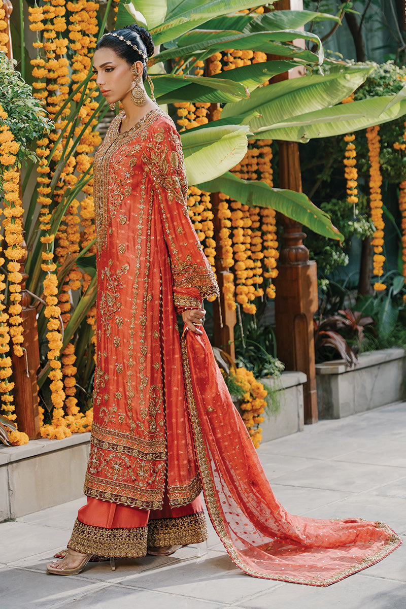 Rusty Orange Zardozi Cotton Net Kurta Set (3-Piece) - Image 4