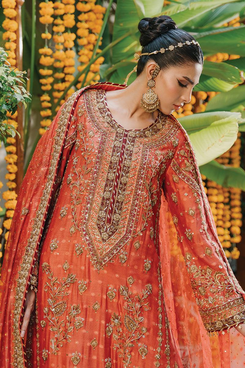 Rusty Orange Zardozi Cotton Net Kurta Set (3-Piece) - Image 5