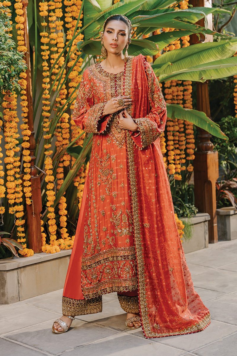 Pakistani Rusty Orange Zardozi Cotton Net Kurta Set (3-Piece) - Image 1