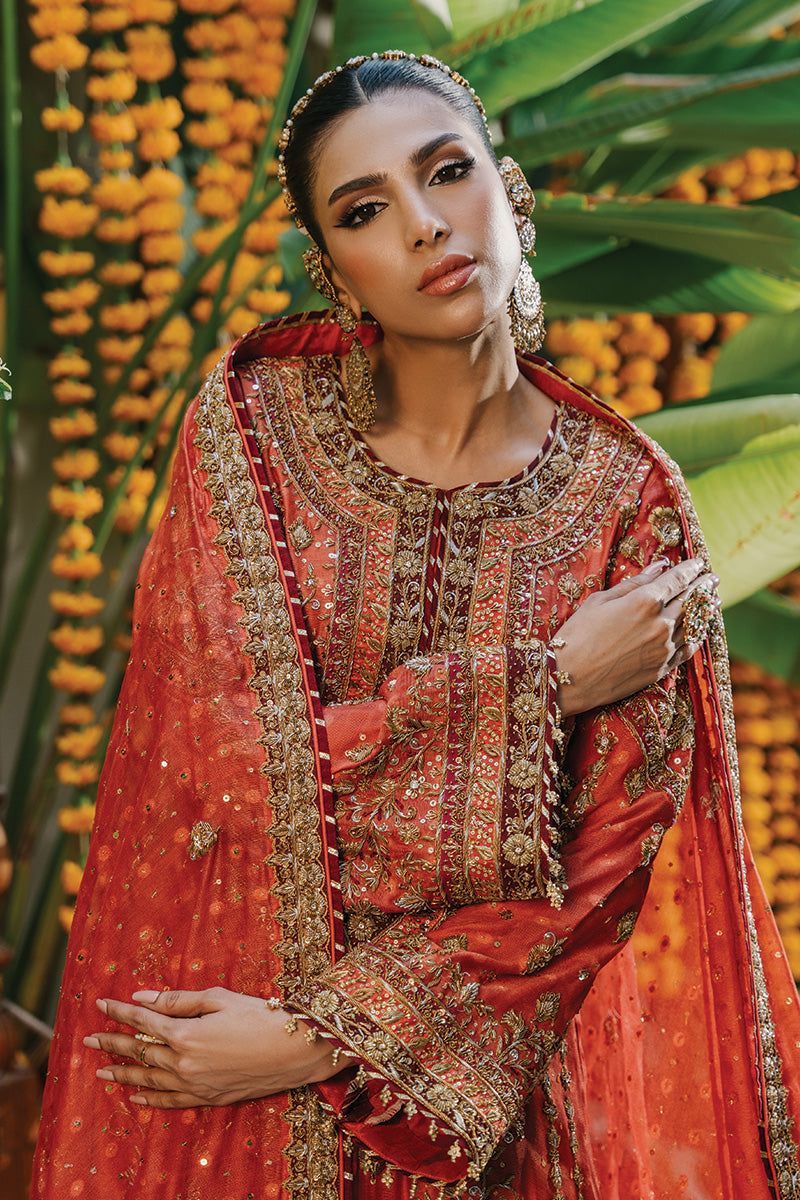Pakistani Rusty Orange Zardozi Cotton Net Kurta Set (3-Piece) - Image 2