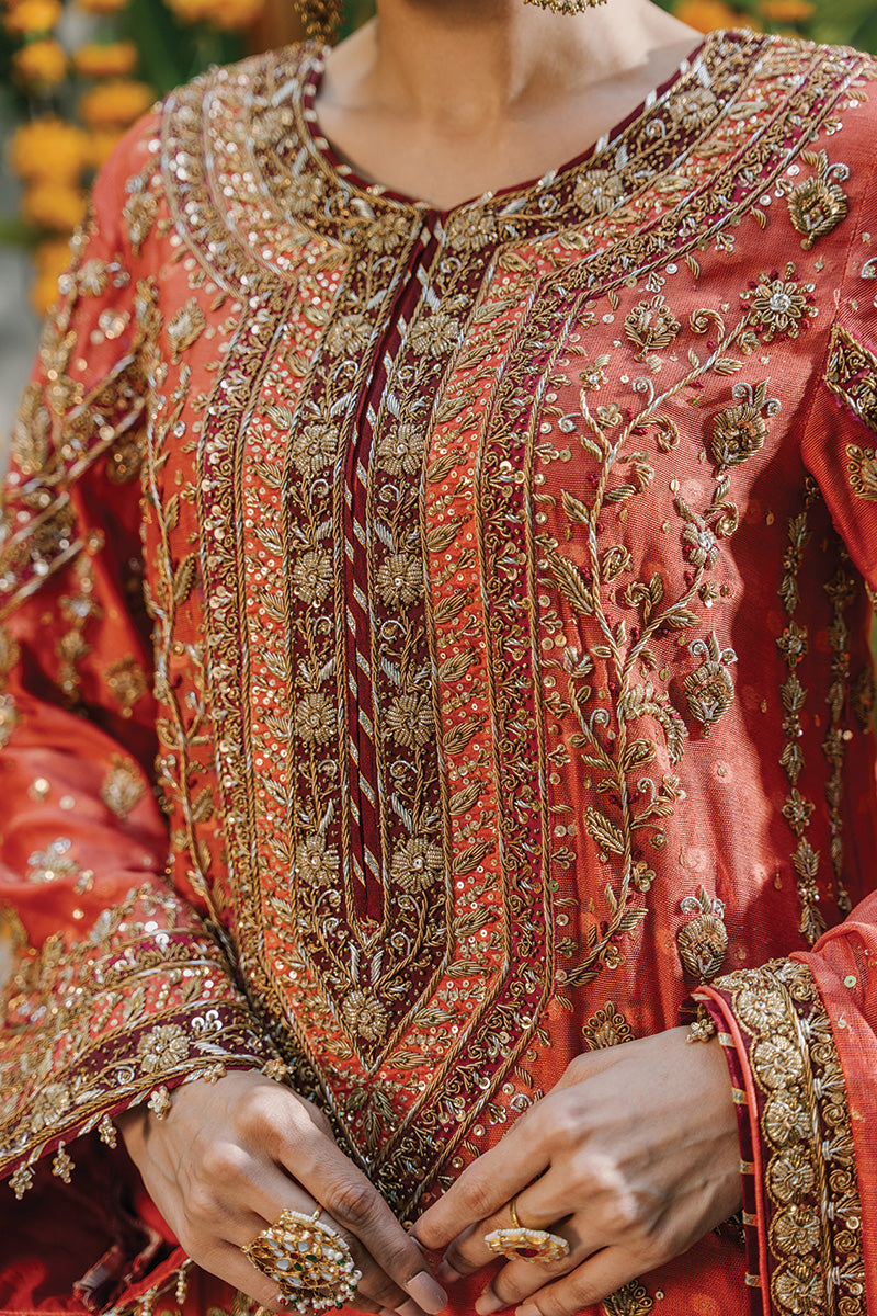 Pakistani Rusty Orange Zardozi Cotton Net Kurta Set (3-Piece) - Image 3