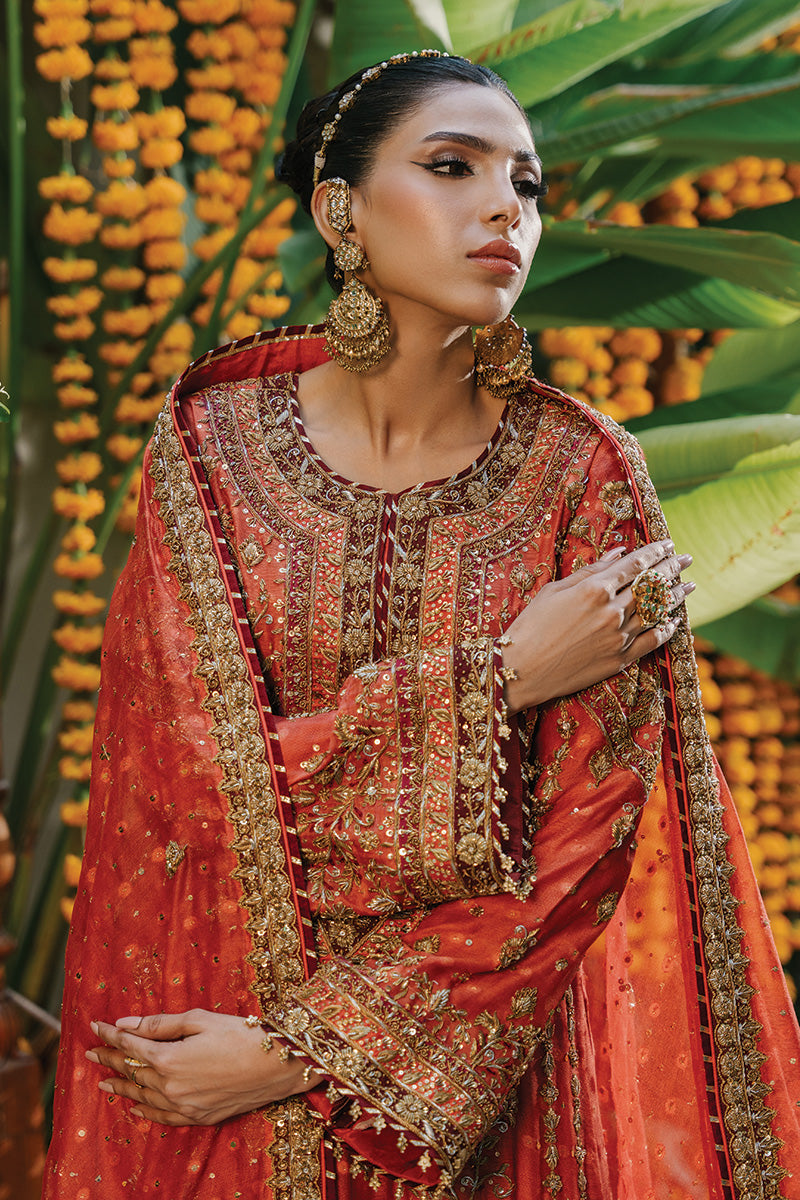 Pakistani Rusty Orange Zardozi Cotton Net Kurta Set (3-Piece) - Image 6