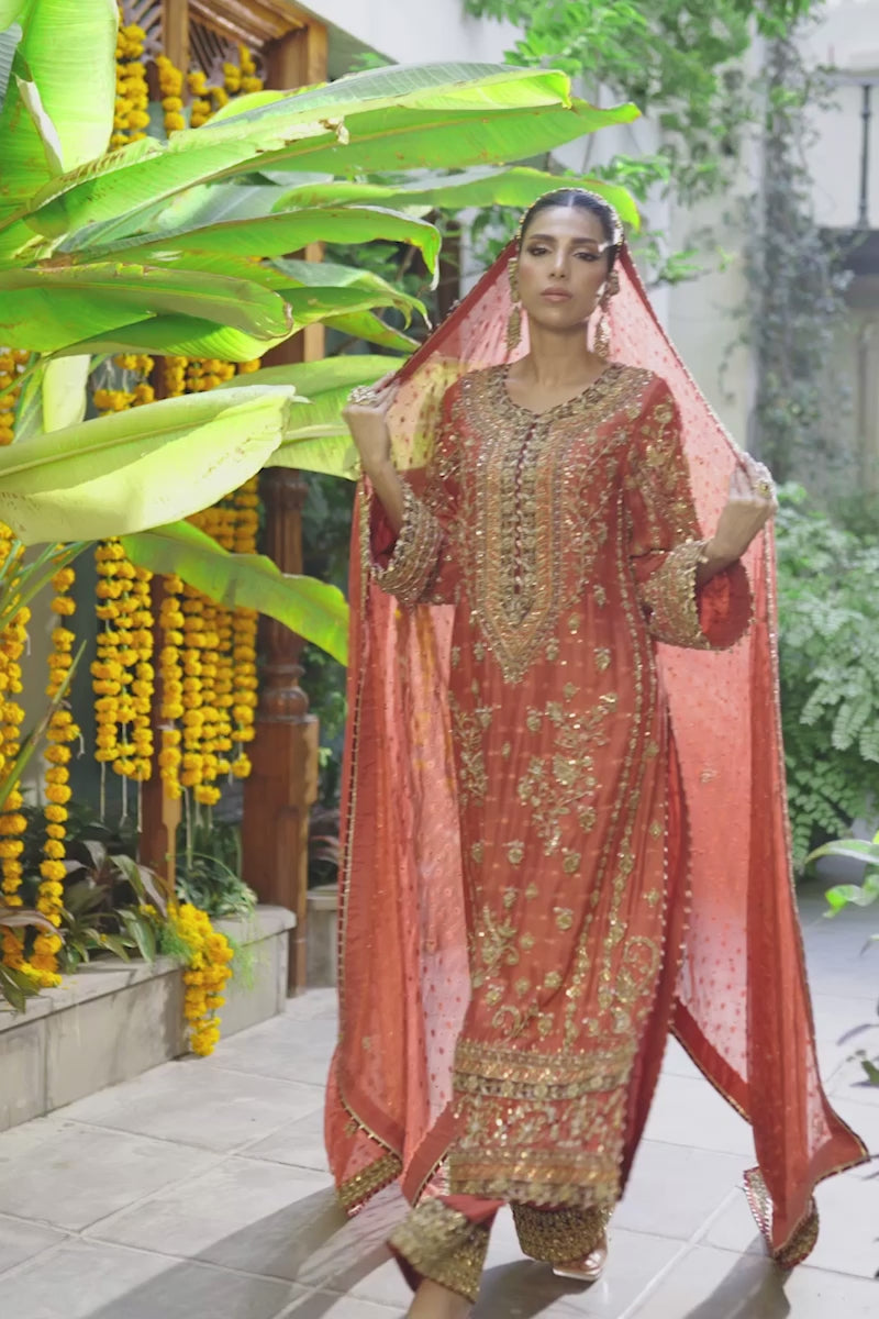 Pakistani Rusty Orange Zardozi Cotton Net Kurta Set (3-Piece) - Image 7