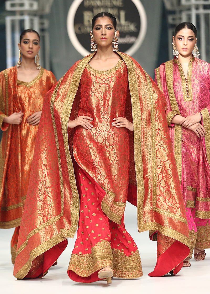 Orange Dori Embroidered Jamawar Kurta Set (3-Piece) - Image 2