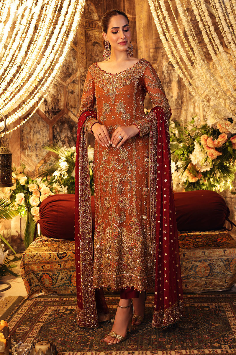 Pakistani Rust Orange Hand-Embellished Net Salwar Kameez (3-Piece) - Image 4