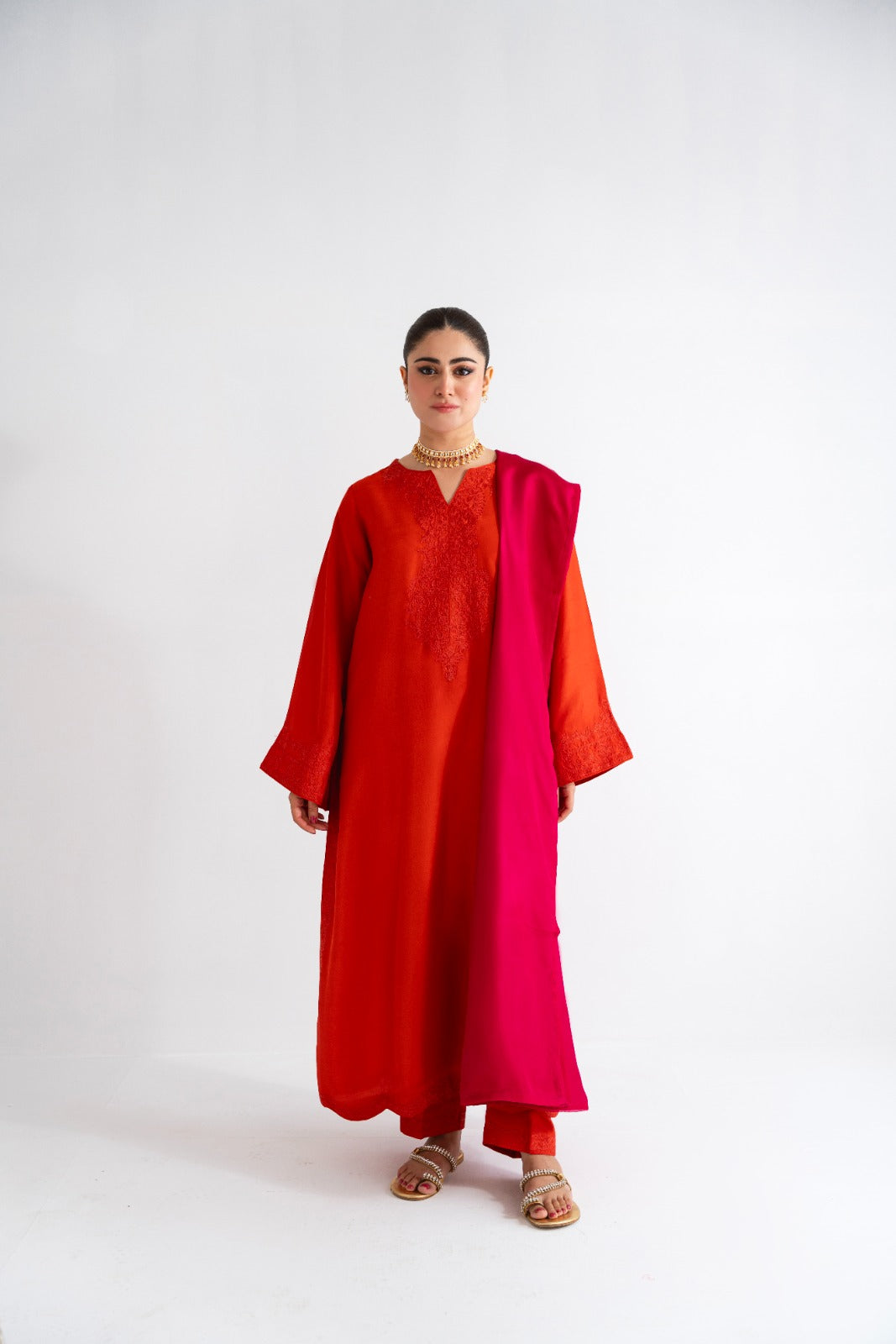 Burnt Orange Ari Embroidered Raw Silk Salwar Kameez (3-Piece) - Image 1