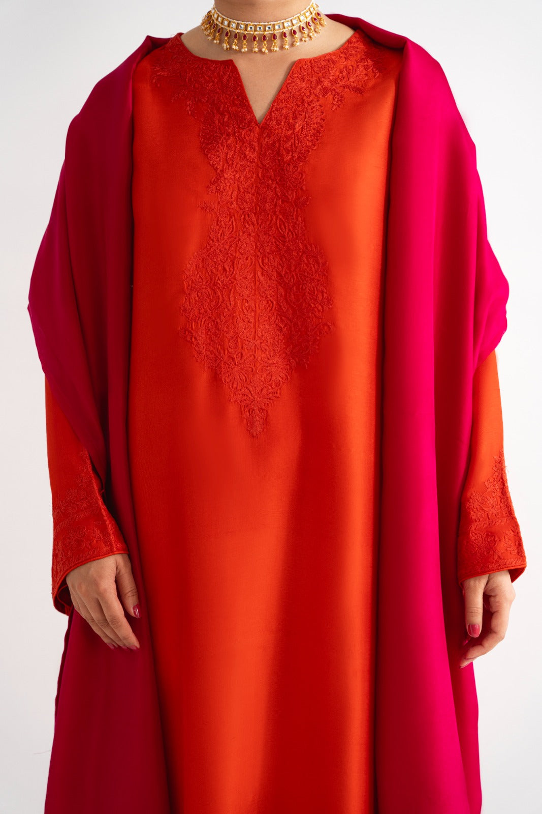 Burnt Orange Ari Embroidered Raw Silk Salwar Kameez (3-Piece) - Image 3